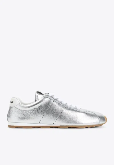 Miu Miu Metallic Leather Retro Runner Sneakers In Argento