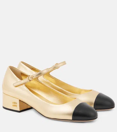 Miu Miu Metallic Leather Mary Jane Pumps In Gold