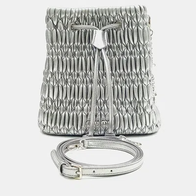 Pre-owned Miu Miu Metallic Leather Napa Crystal Bucket Bag In Silver