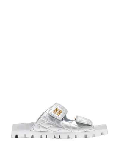 Miu Miu Metallic Matellassè Nappa Leathe Slides In Silver