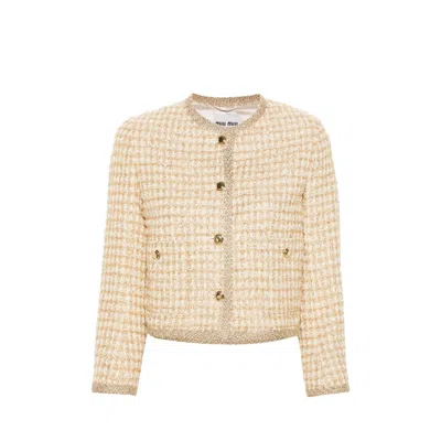 Miu Miu Metallic Tweed Jacket With Patch Pockets In Gold
