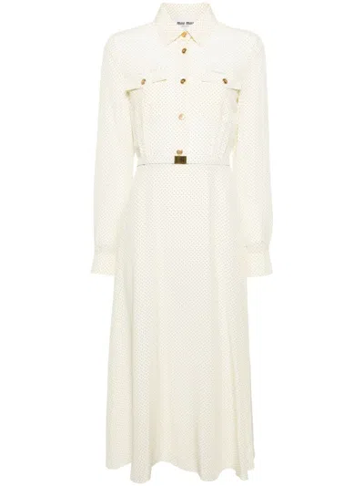 Miu Miu Krepp-midikleid Mit Mikro-punkten In White