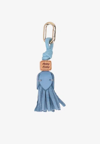 Miu Miu Micro Tassel Leather Trick Key Chain In Blue