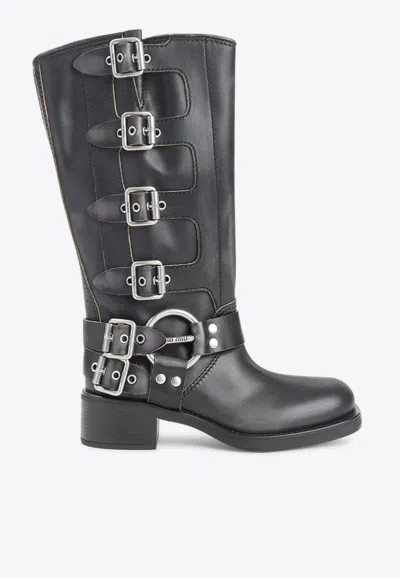 Miu Miu Mid-calf Buckled Leather Boots In Black