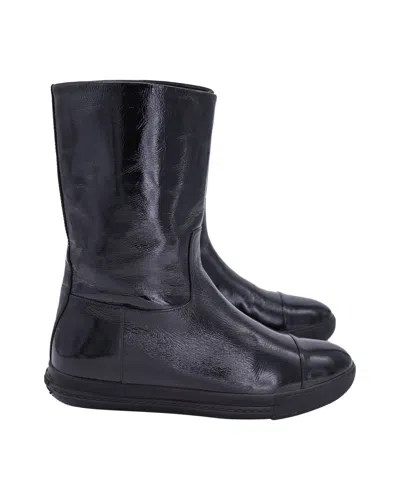 Miu Miu Mid-calf Flat Boots In Black Patent Calf Leather