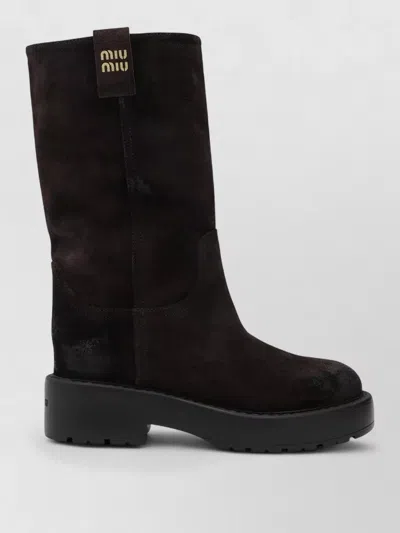 Miu Miu Mid Calf Platform Boots Suede Finish In Black
