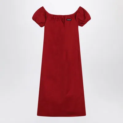 Miu Miu Midi Dress With Off-the-shoulder Design And Logo Detail In Red