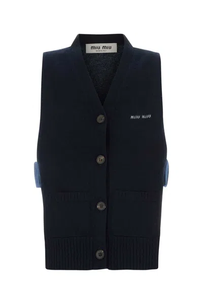 Miu Miu Cashmere Cardigan With Logo Inlay In Blue