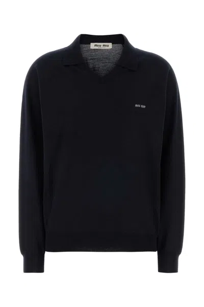 Miu Miu Wool Polo Shirt Collared Ribbed Cuffs Hem In Blue