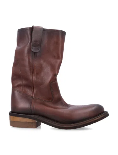 Miu Miu Foule Aged Look Leather Booties In Brown