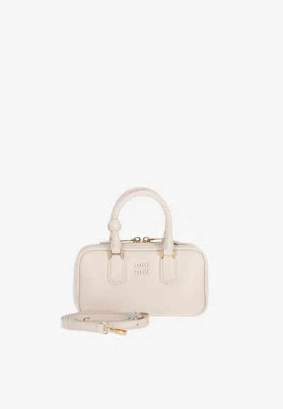 Miu Miu Mini Arcadie Leather Top Handle Bag In Chalk