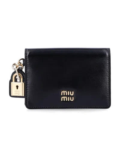 Miu Miu Mini Cardholder Wallet In Calf Leather With Gold-tone Logo & Padlock Charm In Nero