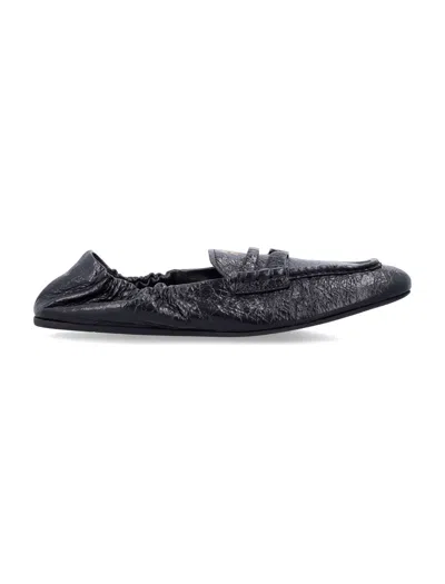 Miu Miu Mini Ruching Crinkled Nappa Leather Loafers With Gold-tone Embossed Logo In Black