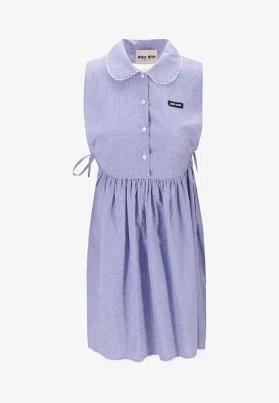 Miu Miu Vichy Dress Sleeveless Gathered Waist Bow Collar In Blue