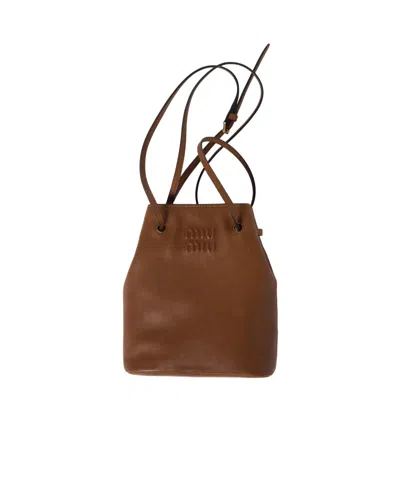 Miu Miu Mini Logo-embossed Bucket Bag In Brown
