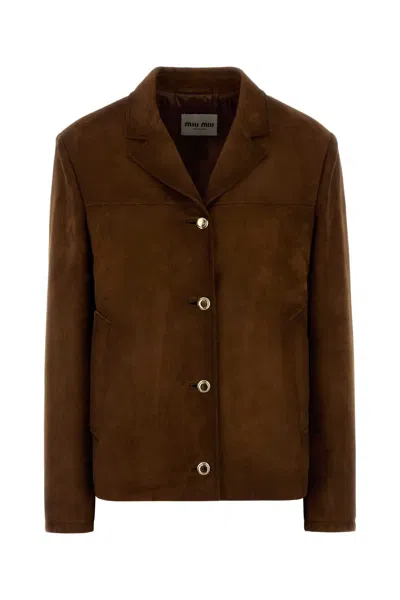 Miu Miu Mini Suede Jacket With Lambskin Lining In Brown