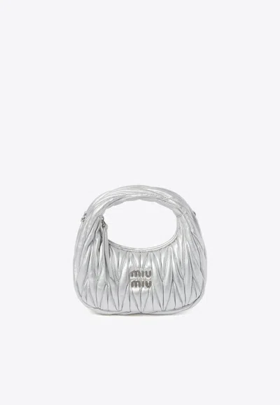 Miu Miu Mini Wander Matelassé Leather Top Handle Bag In Silver