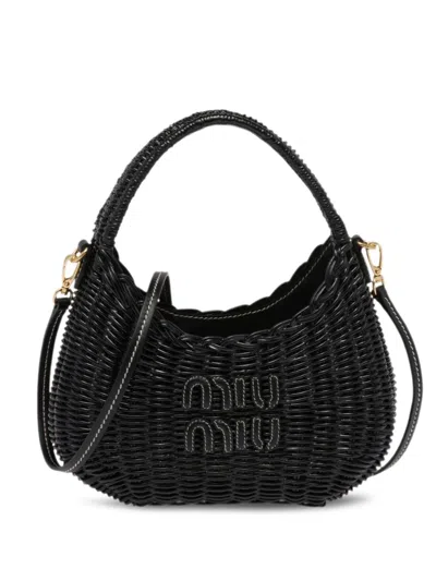 Miu Miu Mini Wander Wicker Shoulder Bag In Black