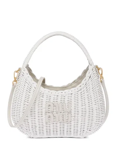 Miu Miu Mini Wander Wicker Shoulder Bag In White