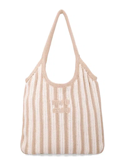 Miu Miu Mini Woven-logo Handbag With Knit Top Handles In Neutral