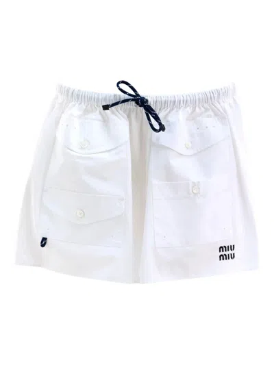 Miu Miu Mini Skirt In Poplin With Pockets And Embroidered Logo In White
