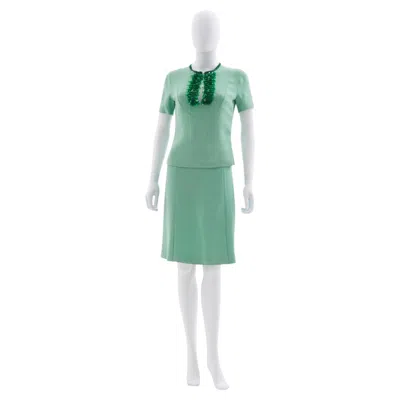 Pre-owned Miu Miu Mint Beaded Embellished Crewneck Top & Mint Pencil Skirt Set, Ss 2004 In Blue