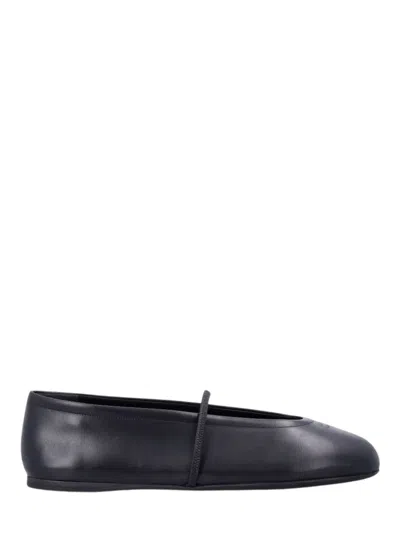 Miu Miu Miu Mini Ballet Flats In Calf Leather With Embossed Logo And Elastic Strap In Black