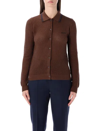 Miu Miu Cotton Cardigan With Lacy Knit Motif In Brown