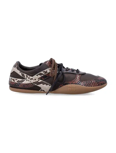 Miu Miu Gymnasium Woman's Sneakers In Technical Fabric And Python-print Ayers Leather In Multi