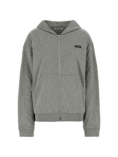 Miu Miu Hooded Sweatshirt Long Sleeves Ribbed Trims In Gray