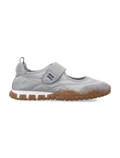 Miu Miu Tyre Ballerinas In Technical Fabric And Suede In Gray