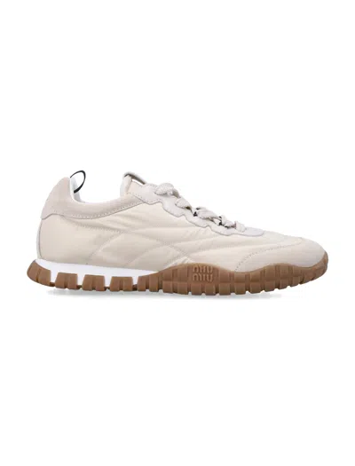 Miu Miu Tyre-inspired Technical Fabric Sneaker With Suede Inserts For Women In White