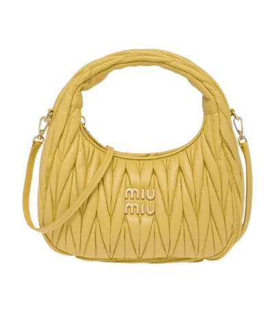 Miu Miu Wander Matelassé Logo Plaque Mini Hobo Bag In Yellow