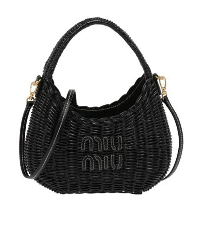 Miu Miu Miu Wander Wicker Handbag In Black