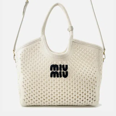 Pre-owned Miu Miu Miumiu Ivy Logo Tote White/black Cotton100%