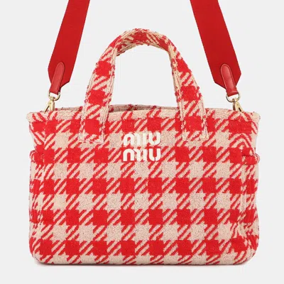 Pre-owned Miu Miu Miumiu Terrycloth Check 2-way Tote Bag Red Pile