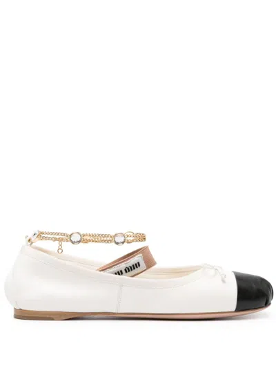 Miu Miu Bow-detail Leather Ballerina Shoes In White