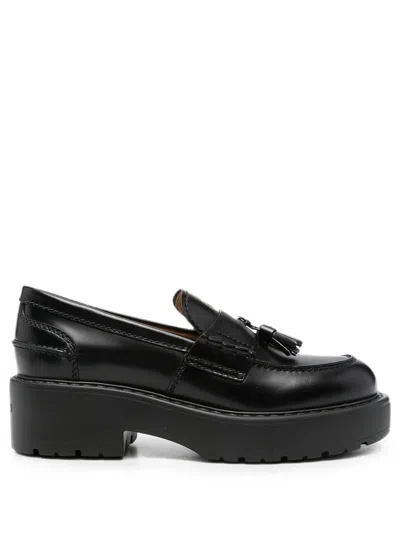 Miu Miu Leather Loafers Round Toe Tassel Chunky Sole In Black