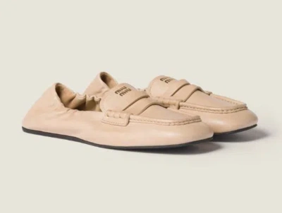Miu Miu Refined Lamb Leather Loafers With Gathered Trim And Structured Loafer Strap In Neutral