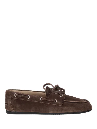 Miu Miu Suede Loafers Eyelet Detail Rubber Sole In Brown