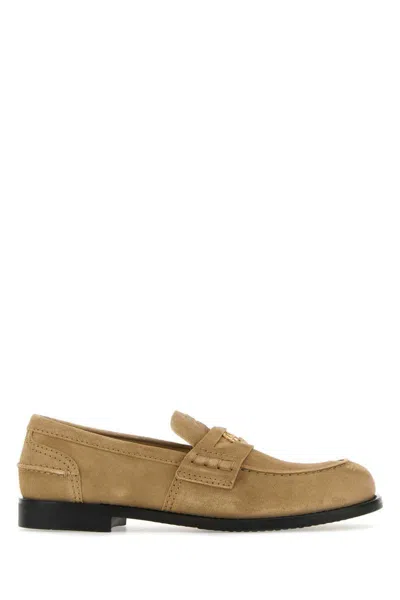Miu Miu Logo-plaque Suede Loafers In Beige