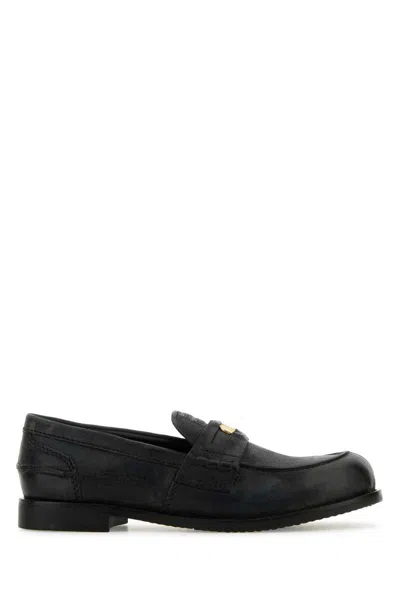 Miu Miu Round Toe Leather Loafers With Rubber Sole In Black