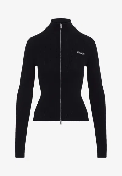 Miu Miu Mock-neck Ribbed Cardigan In Black