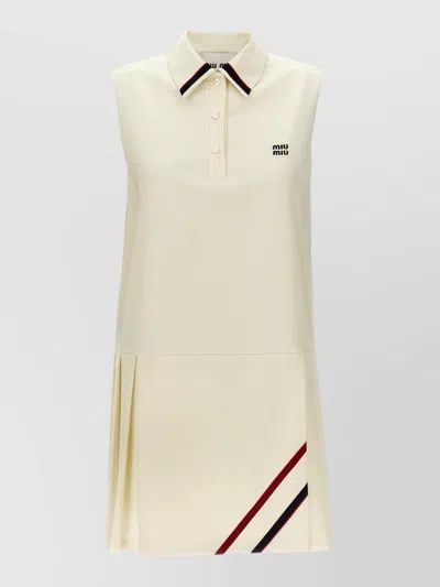 Miu Miu Mohair Canvas Dress Sleeveless Striped Collar In White