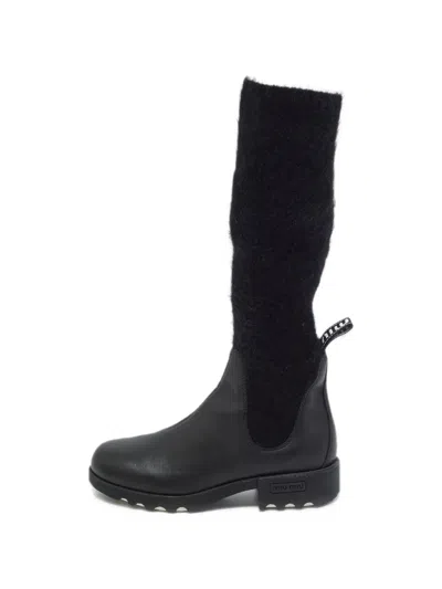 Pre-owned Miu Miu Mohair Leather Mid-calf Boots In Black
