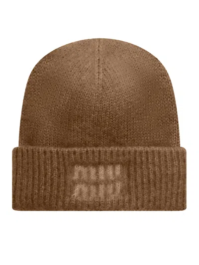 Miu Miu Mohair Wool Logo Hat In Brown