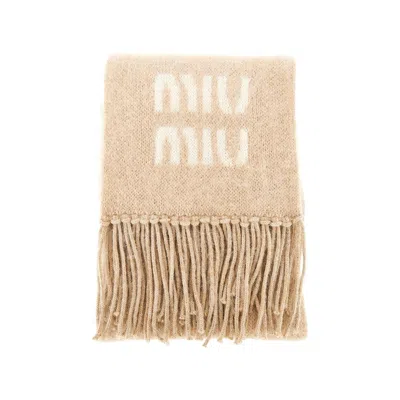 Miu Miu Mohair-blend Scarf With Jacquard Logo In Beige