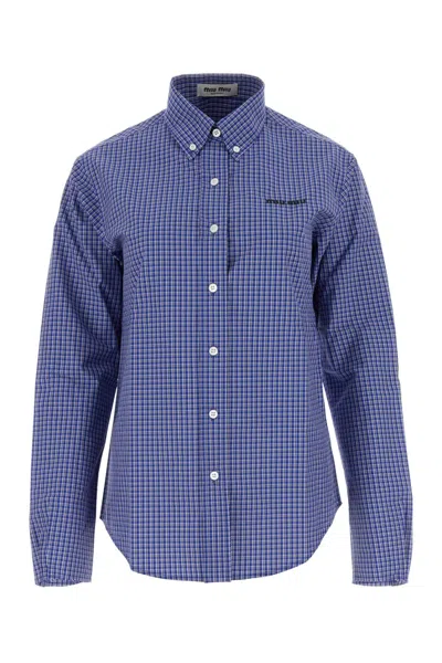 Miu Miu Logo-embroidered Checked Shirt In Light Blue