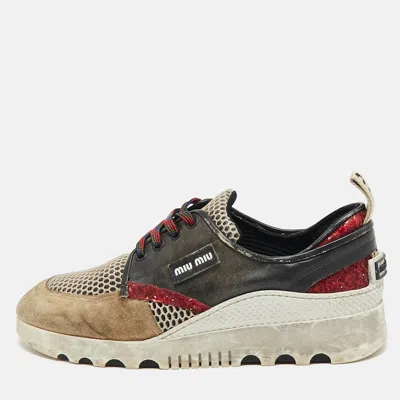 Pre-owned Miu Miu Multicolor Mesh And Suede Lace Up Sneakers Size 37