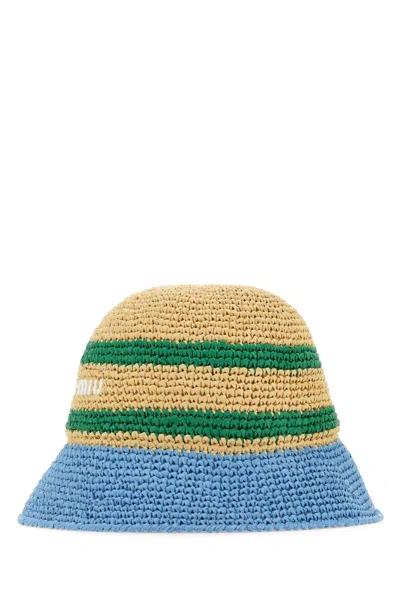 Miu Miu Multicolor Raffia Bucket Hat In Naturaleazzurro